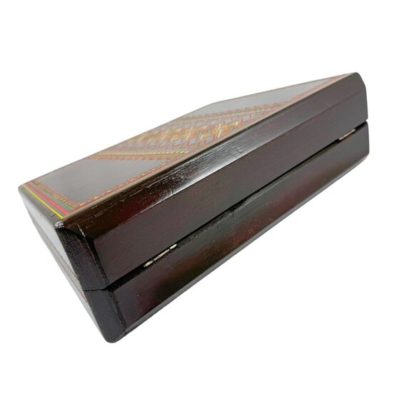 Carved Wooden Box Purse Chain Handles Fabric Lined Vintage Tiki Boho Hippie - Picture 6 of 9